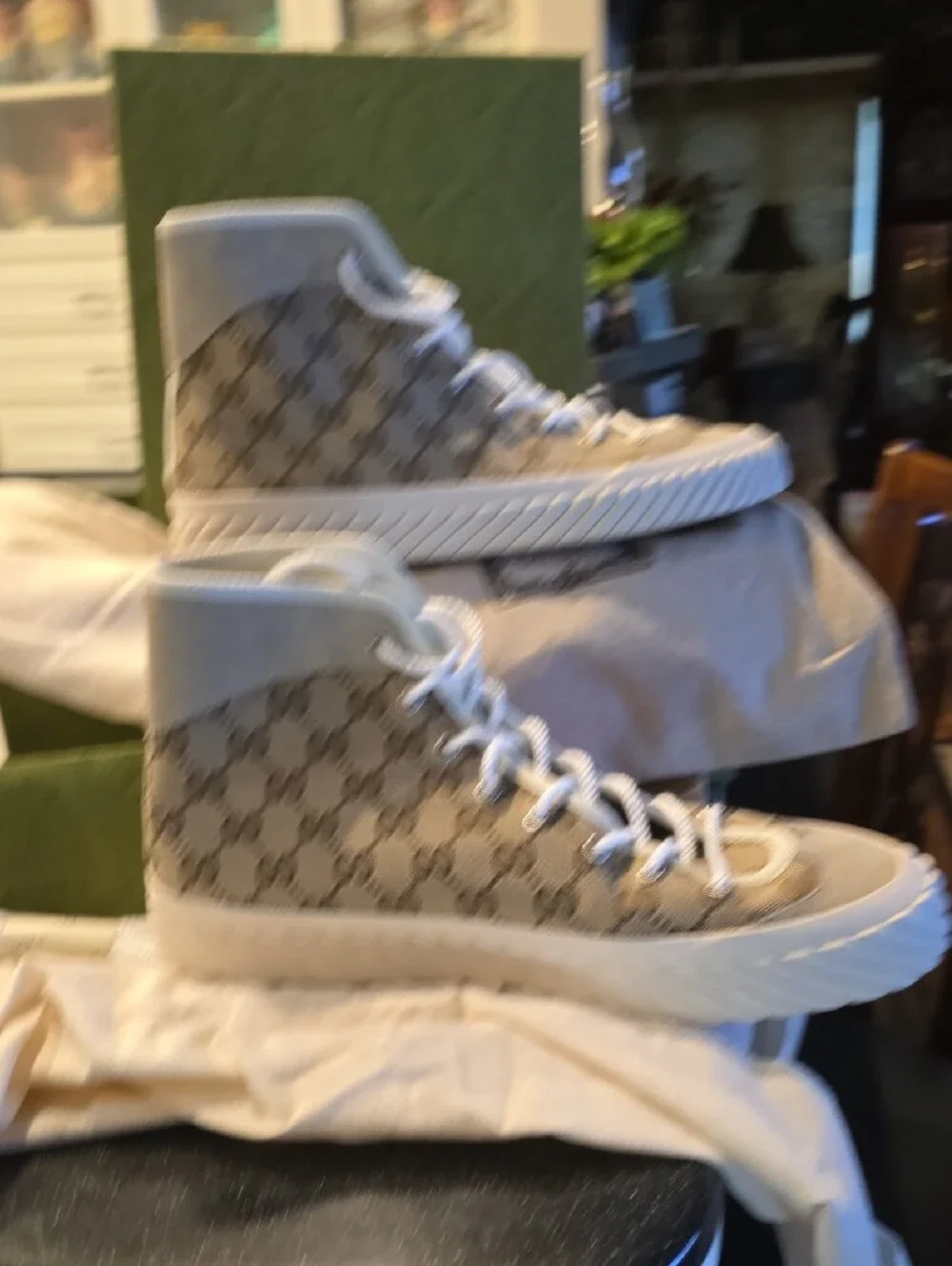 Gucci Beige GG Canvas High-Top Sneakers with White Laces